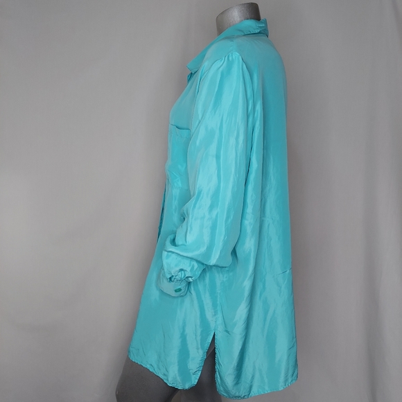Diane Von Furstenberg 100% Silk Shirt Button-up, Collar, w/Pocket, Turquoise, 2X - Picture 2 of 4